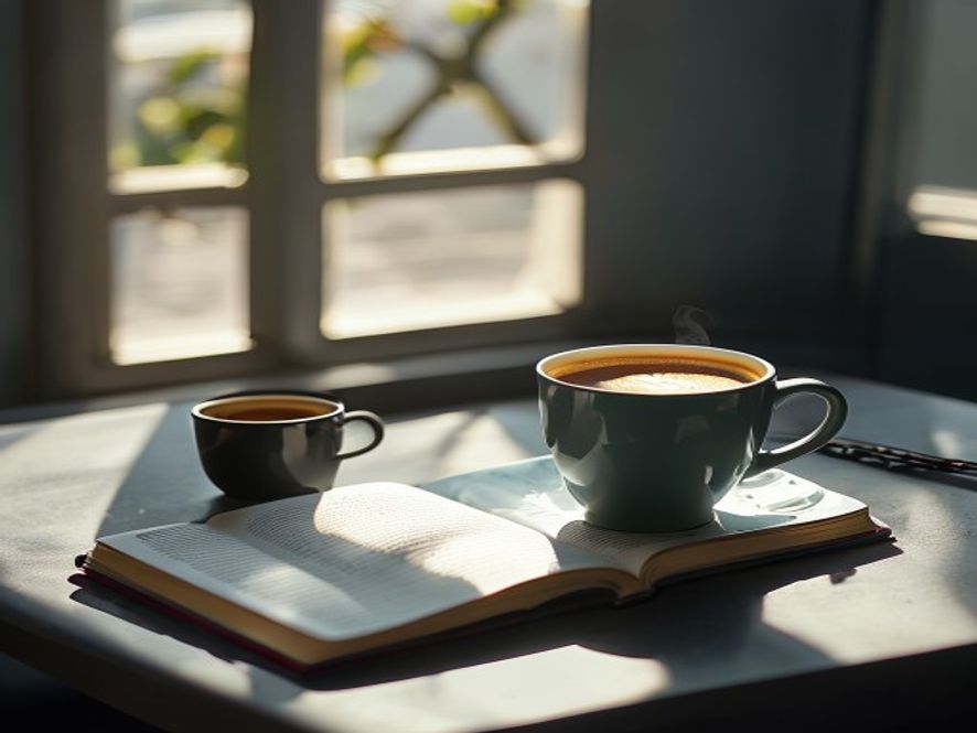 Morgenlys og journal på skrivebord